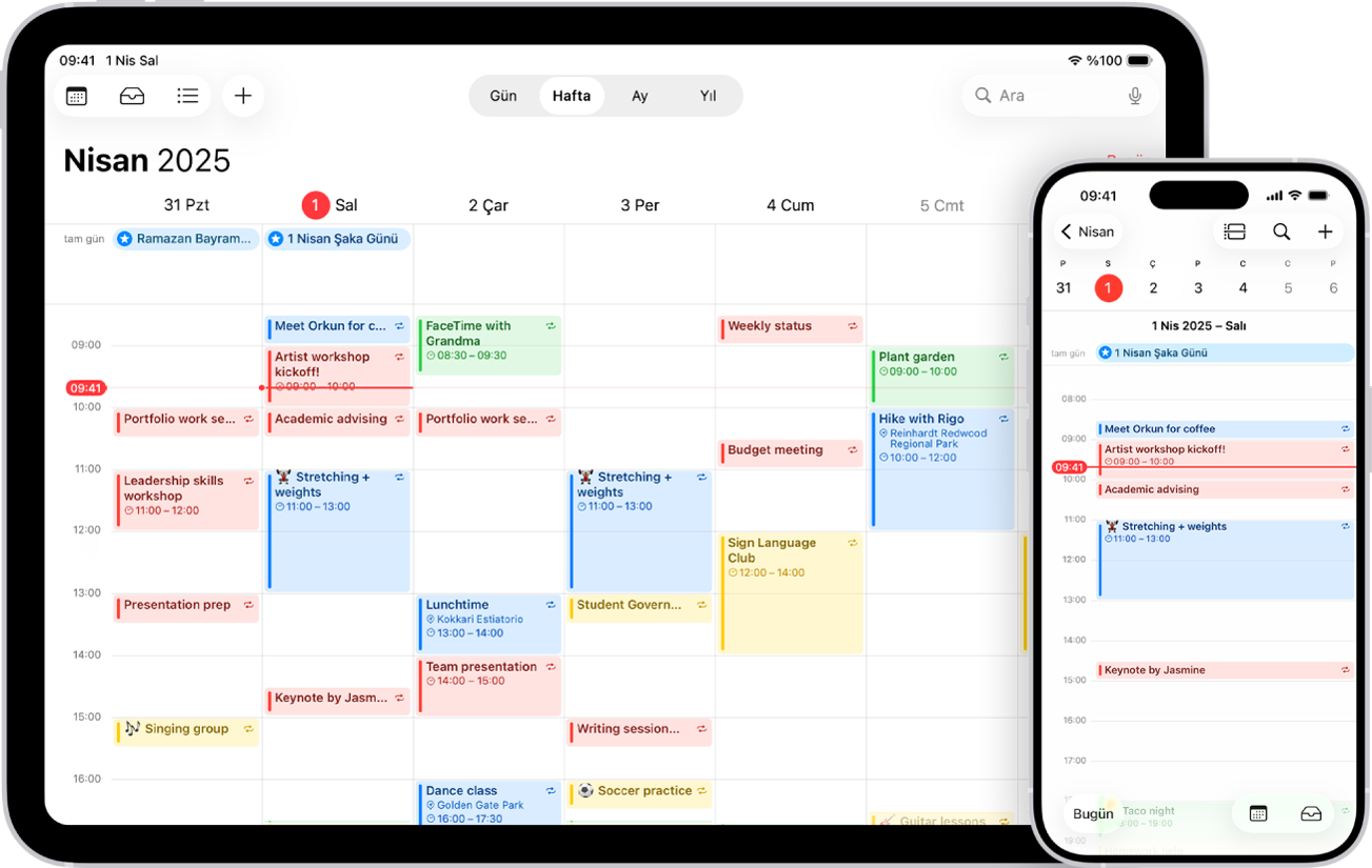 iPad’de Hafta görünümünde bir takvim ve iPhone’da Gün görünümünde aynı takvim.