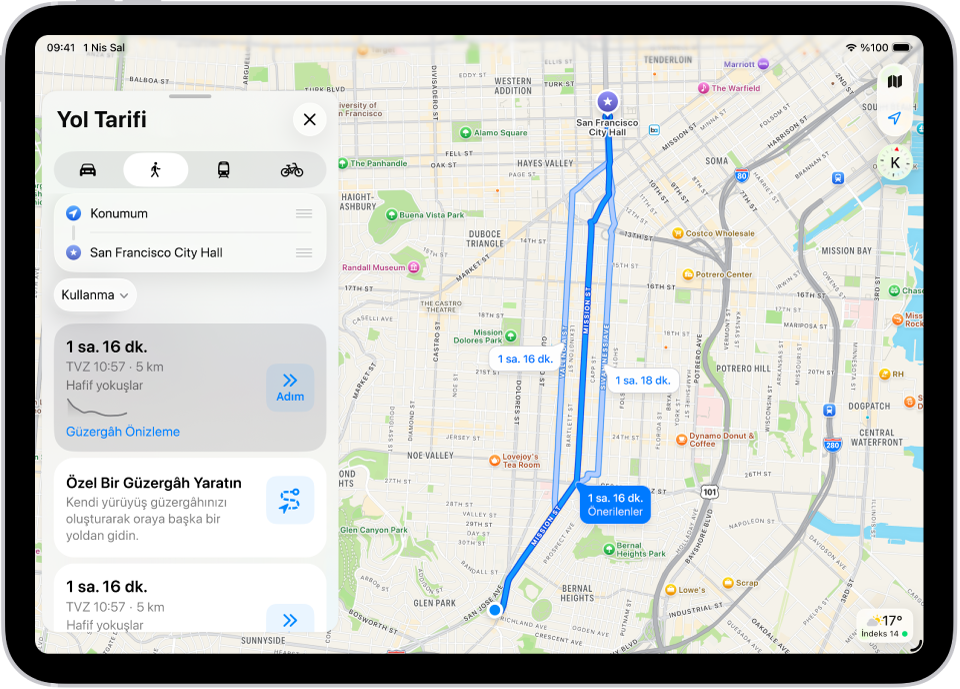 Her biri bir Adım düğmesiyle listelenen iki yürüyüş güzergâhını içeren bir harita.
