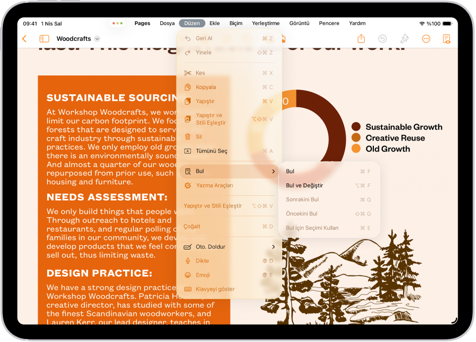 Pages uygulaması açılır ve ekranın üst kısmında menü çubuğu görünür. Menü çubuğundaki Düzenle menüsü açık ve Tümünü Seç, Bul, Çoğalt vb. dahil olmak üzere gerçekleştirebileceğiniz eylemlerin bir listesini gösteriiyor.