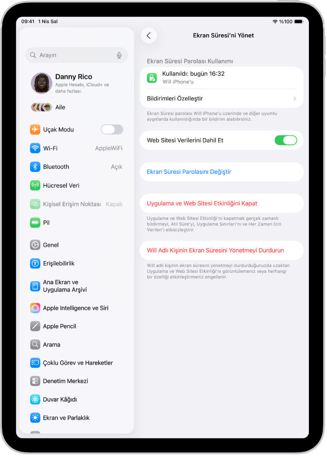 Ailedeki bir çocuk için Ekran Süresi’ni Yönet ekranı, parolanın en son ne zaman hangi aygıtta kullanıldığını gösteriyor.