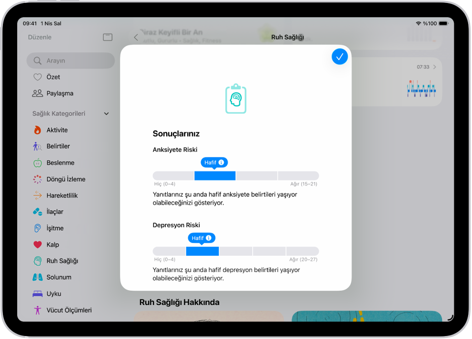 Sağlık uygulamasında ruh sağlığı anketinin sonuçlarını gösteren ekran.