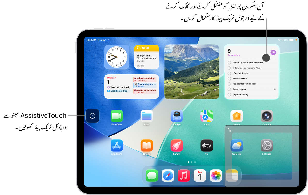اسکرین کے کونے میں ورچوئل ٹریک پیڈ کے ساتھ iPad ڈسپلے کیا گیا ہے۔ اس کے علاوہ اسکرین پر AssistiveTouch مینو (جس کا استعمال ٹریک پیڈ کھولنے کے لیے کیا جاتا ہے) اور پوائنٹر (جسے ٹریک پیڈ کے ذریعے کنٹرول کیا جاتا ہے) ہیں۔