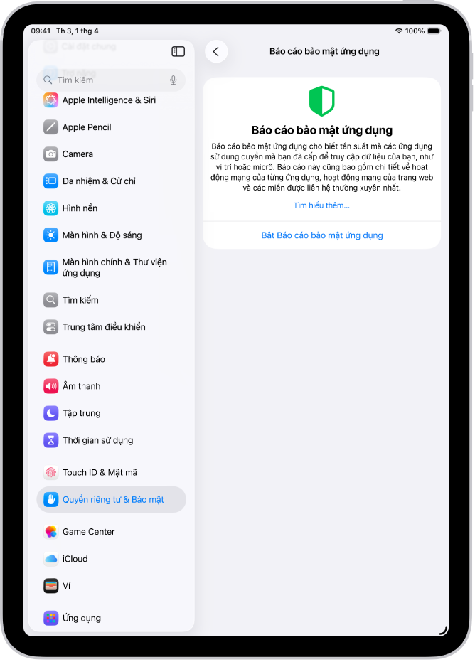 Màn hình Báo cáo bảo mật ứng dụng, nơi bạn có thể bật một báo cáo để hiển thị tần suất ứng dụng sử dụng các quyền bạn đã cấp, cùng với hoạt động mạng của chúng.