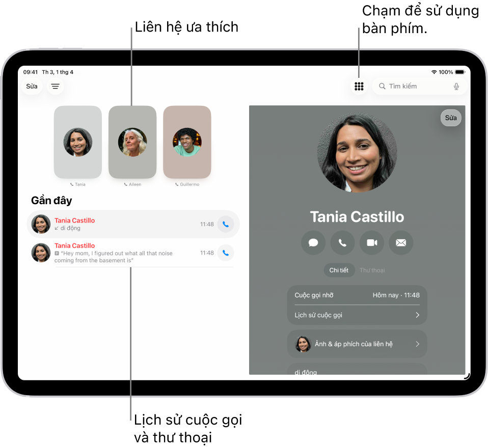 Ứng dụng Điện thoại, với các liên hệ trong Mục ưa thích ở bên trái của màn hình. Bên dưới Mục ưa thích là danh sách các cuộc gọi gần đây và thư thoại. Thông tin liên hệ xuất hiện ở bên phải của màn hình, với nút Bàn phím ở trên cùng bên phải của màn hình.