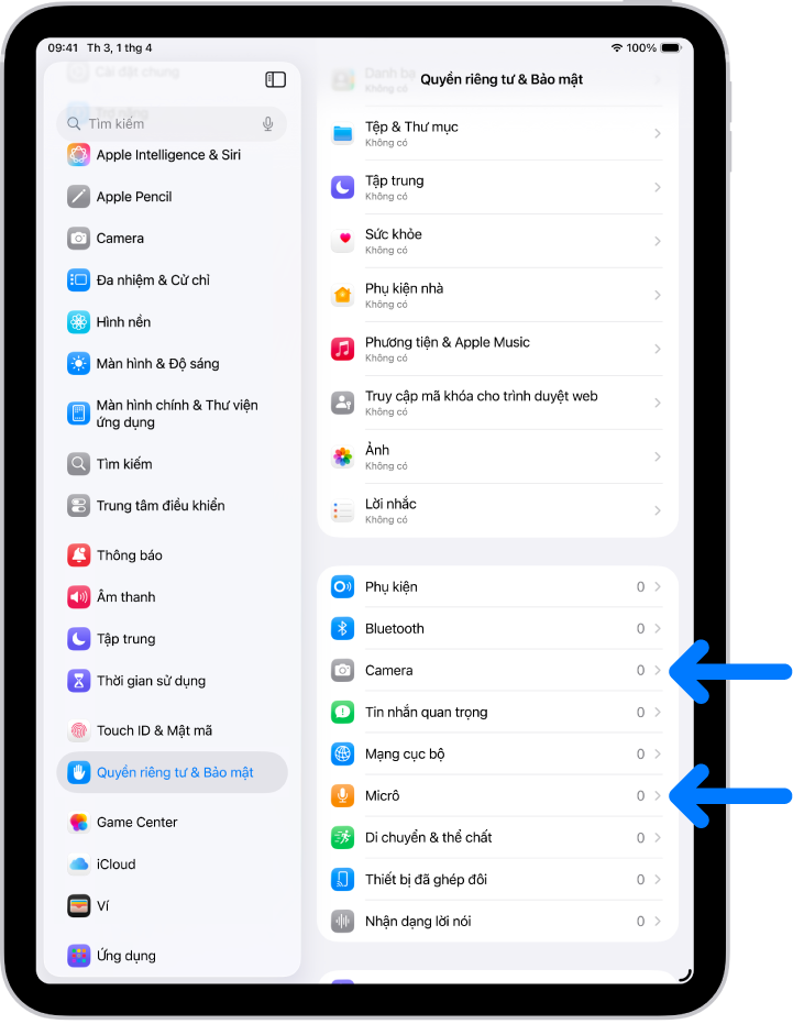 Màn hình Quyền riêng tư & Bảo mật, với cài đặt để kiểm soát ứng dụng có thể sử dụng camera, micrô và các thành phần khác của iPad.