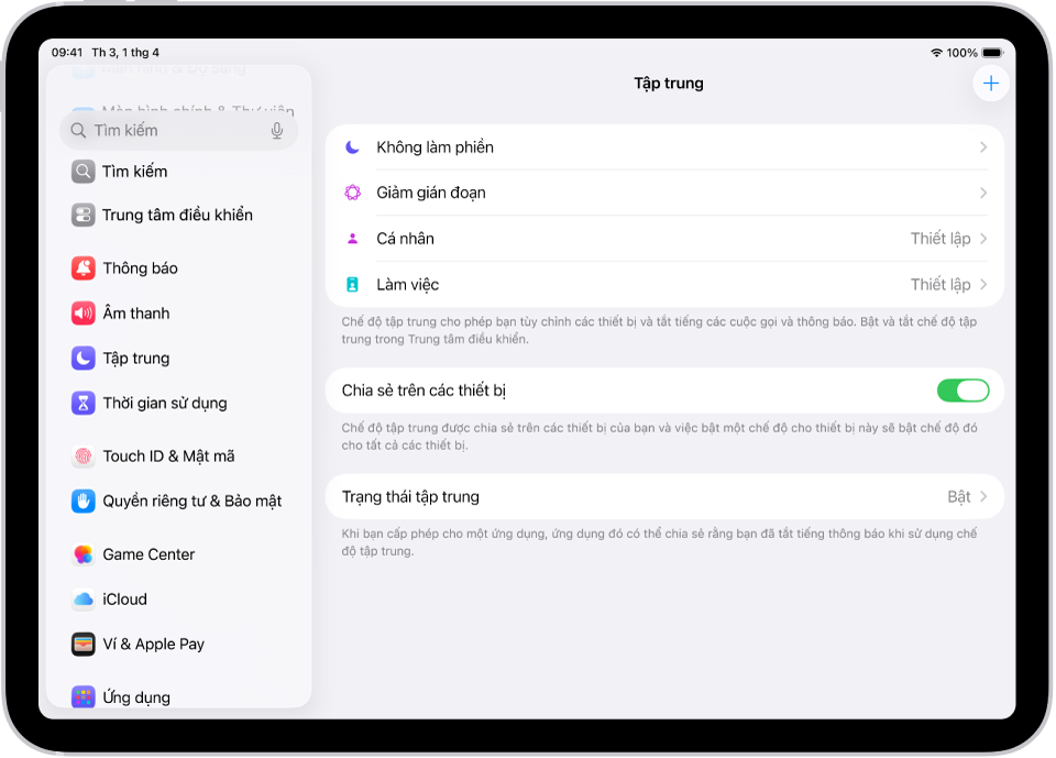 Một màn hình đang hiển thị sáu tùy chọn chế độ tập trung được cung cấp – Không làm phiền, Lái xe, Không nhận tin nhắn trong cuộc gọi, Ngủ, Cá nhân và Làm việc. Nút Chia sẻ trên các thiết bị được bật, cho phép sử dụng cùng các cài đặt chế độ tập trung trên các thiết bị Apple của bạn.