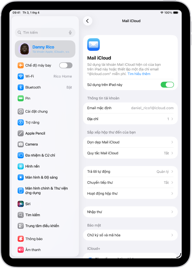 Ứng dụng Cài đặt, mở đến màn hình Mail iCloud. Tên miền email tùy chỉnh nằm ở cuối menu.