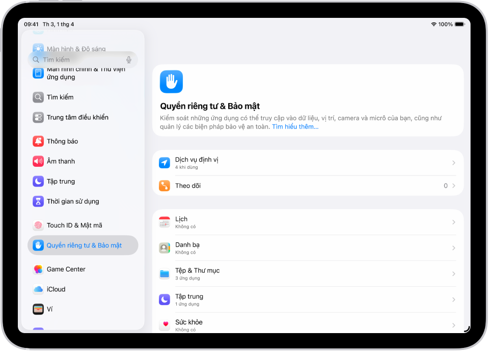 Một màn hình Cài đặt đang hiển thị các tùy chọn Quyền riêng tư & Bảo mật, như Dịch vụ định vị và Theo dõi.