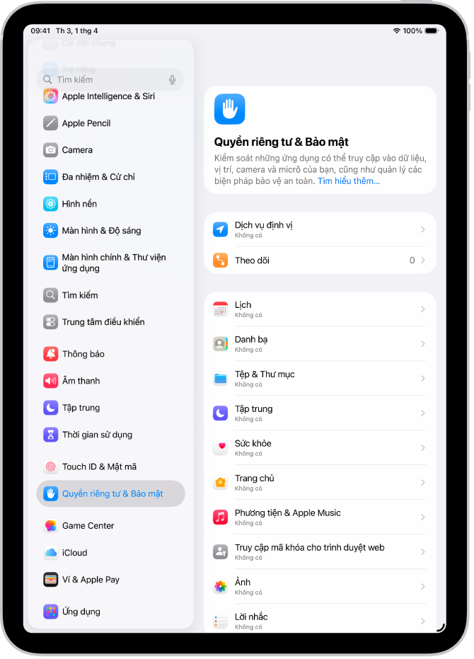 Cài đặt Dịch vụ định vị trong cài đặt Quyền riêng tư & Bảo mật, với các tùy chọn để chia sẻ vị trí của iPad, bao gồm các cài đặt tùy chỉnh cho các ứng dụng riêng lẻ.