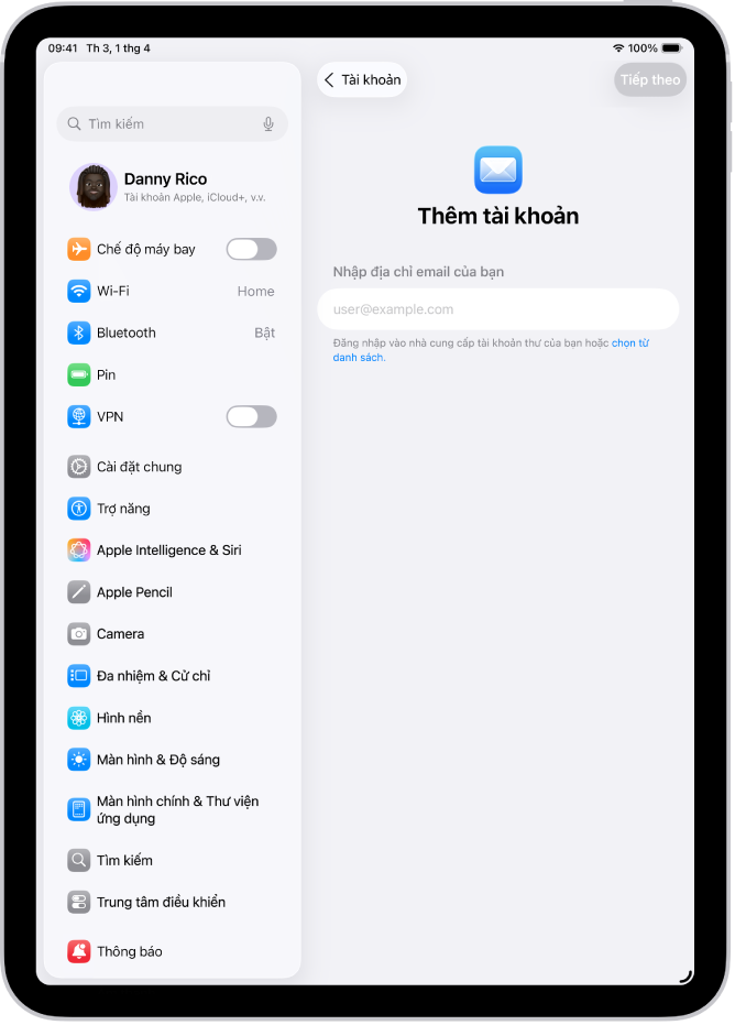 Màn hình Thêm tài khoản đang hiển thị một trường để nhập địa chỉ email của bạn.