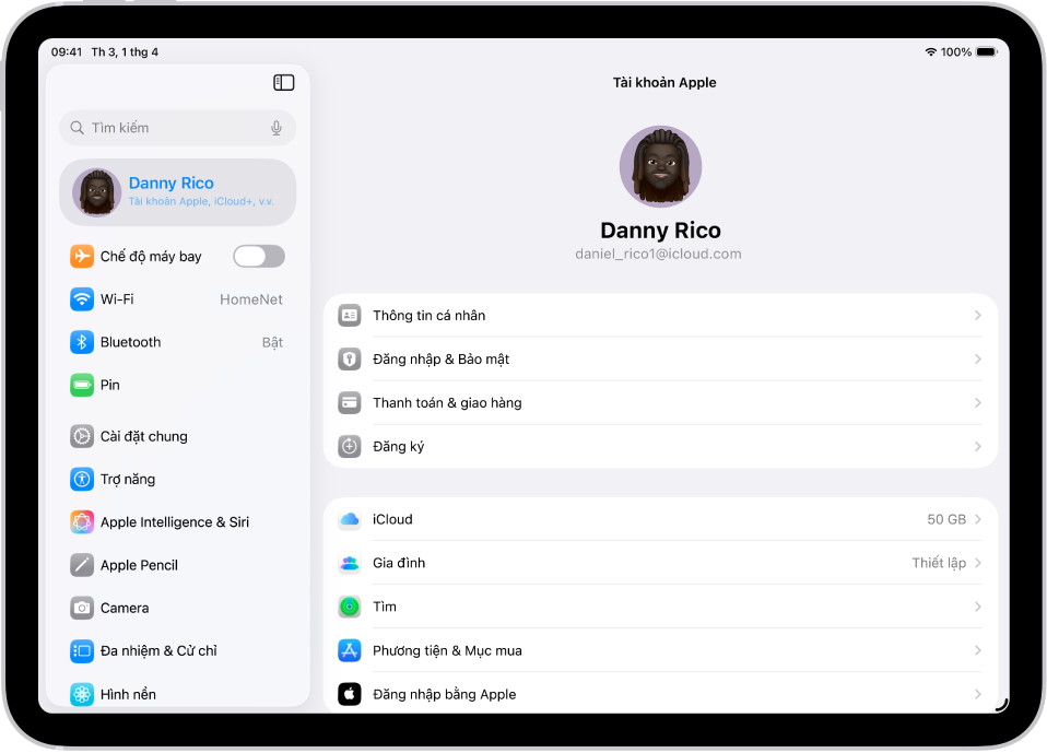 Cài đặt Tài khoản Apple được hiển thị với một danh sách các tùy chọn, bao gồm thông tin cá nhân, các gói đăng ký, Tìm, v.v.