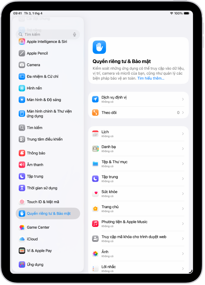 Màn hình Quyền riêng tư & Bảo mật, với cài đặt cho Dịch vụ định vị Theo dõi, và cài đặt để kiểm soát những ứng dụng có thể truy cập dữ liệu của bạn.