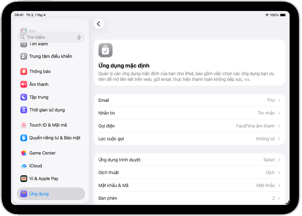 Màn hình để thay đổi ứng dụng mặc định cho việc gửi email, duyệt web, v.v.