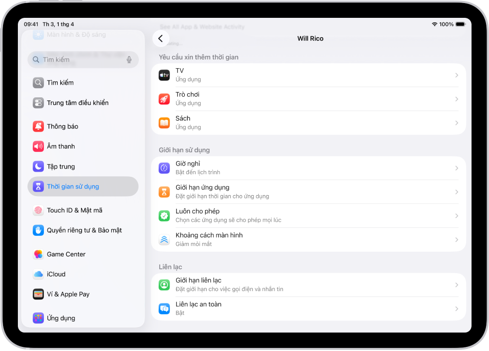 Màn hình cho một trẻ em trong nhóm Chia sẻ trong gia đình, đang hiển thị một phần cho Yêu cầu xin thêm thời gian.