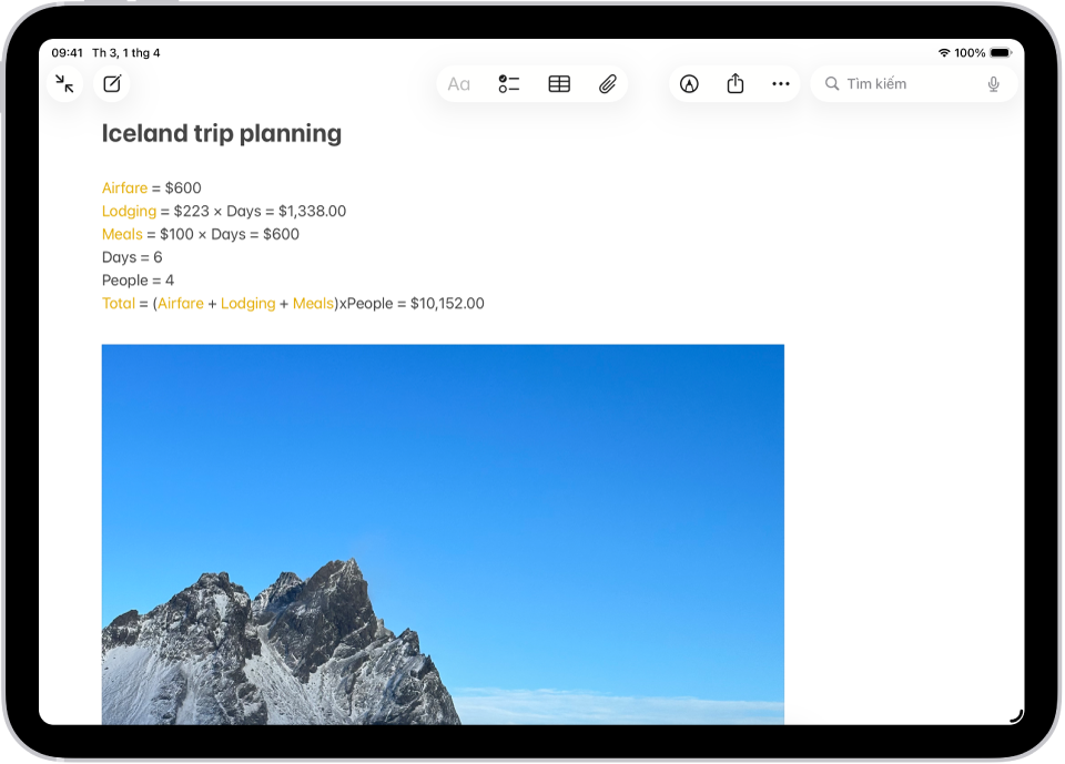Một ghi chú để lập kế hoạch cho chuyến đi, trong đó có tính toán chi phí đi lại và một bức ảnh.