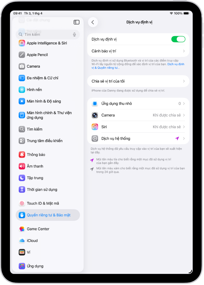 Màn hình Dịch vụ định vị, với cài đặt để chia sẻ vị trí của iPad với các ứng dụng.