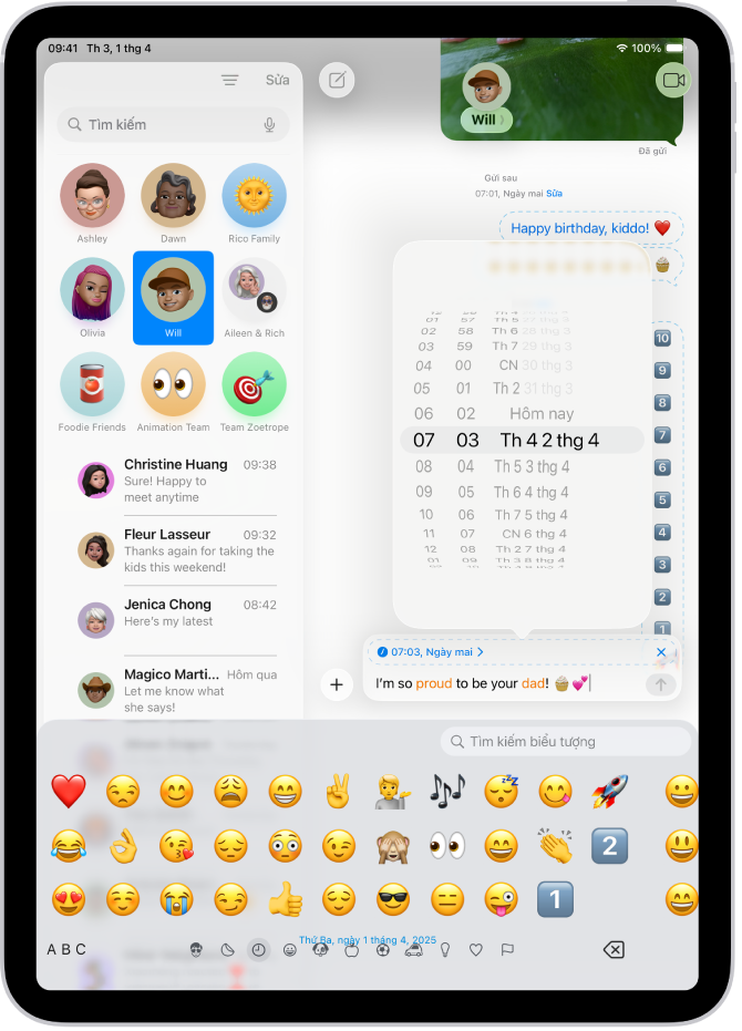 Một cuộc hội thoại Tin nhắn với tin nhắn được đặt lịch đang được nhập vào trường văn bản.