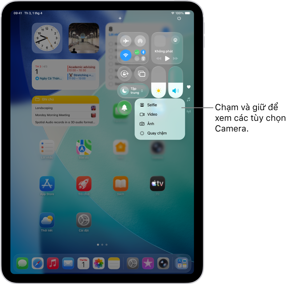 Một màn hình đang hiển thị các tùy chọn khác của Camera có sẵn trong Trung tâm điều khiển khi bạn chạm và giữ điều khiển Camera. Các tùy chọn là Selfie, Video, Ảnh và Slo-mo.