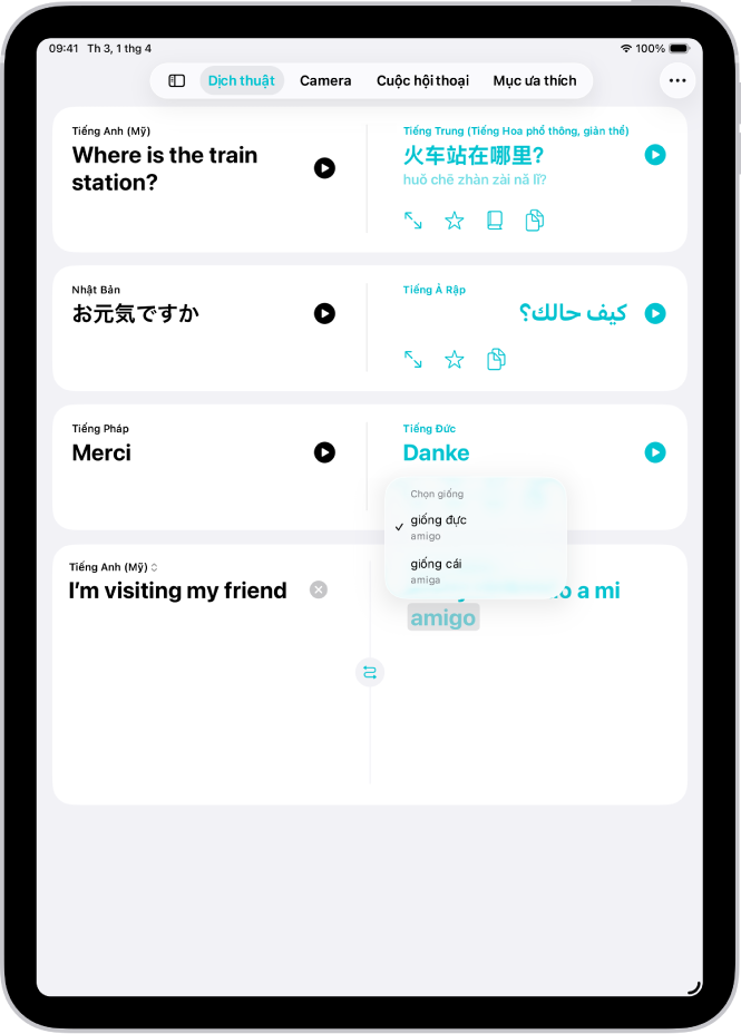 Tab Bản dịch, đang hiển thị một cụm từ được dịch từ Tiếng Anh sang Tiếng Tây Ban Nha và một từ được tô sáng bằng màu xám có các biến thể khác nhau theo giống.