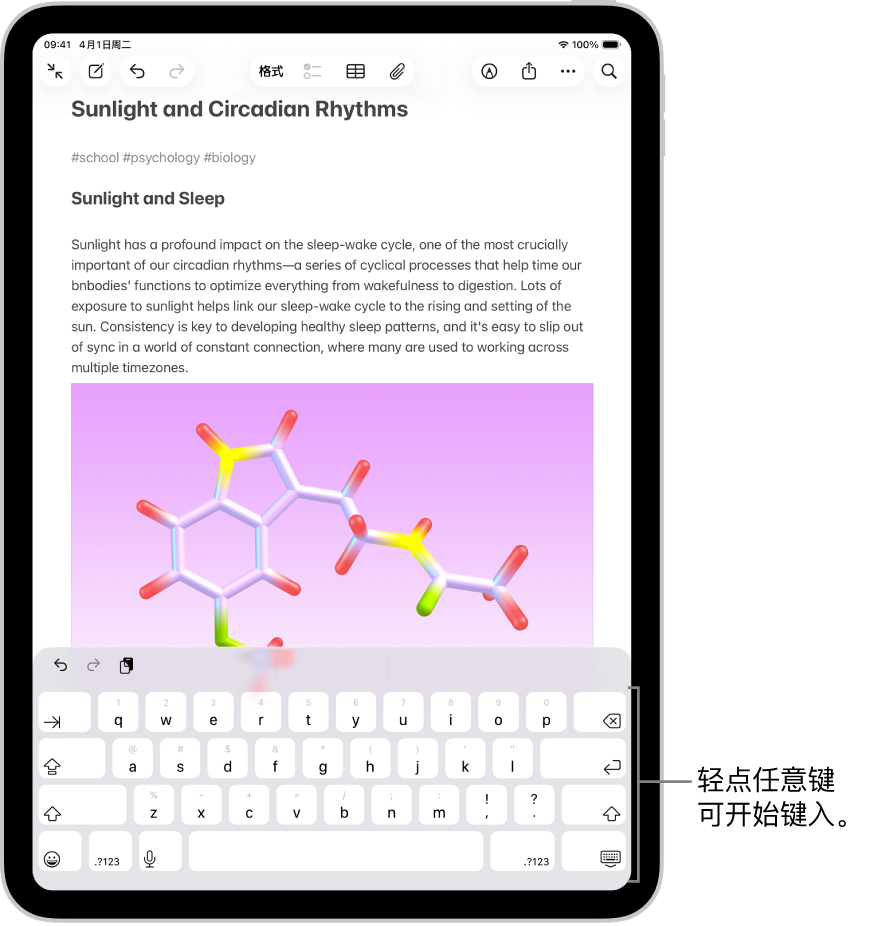 “备忘录” App 中打开的文稿。屏幕键盘位于屏幕下半部分。