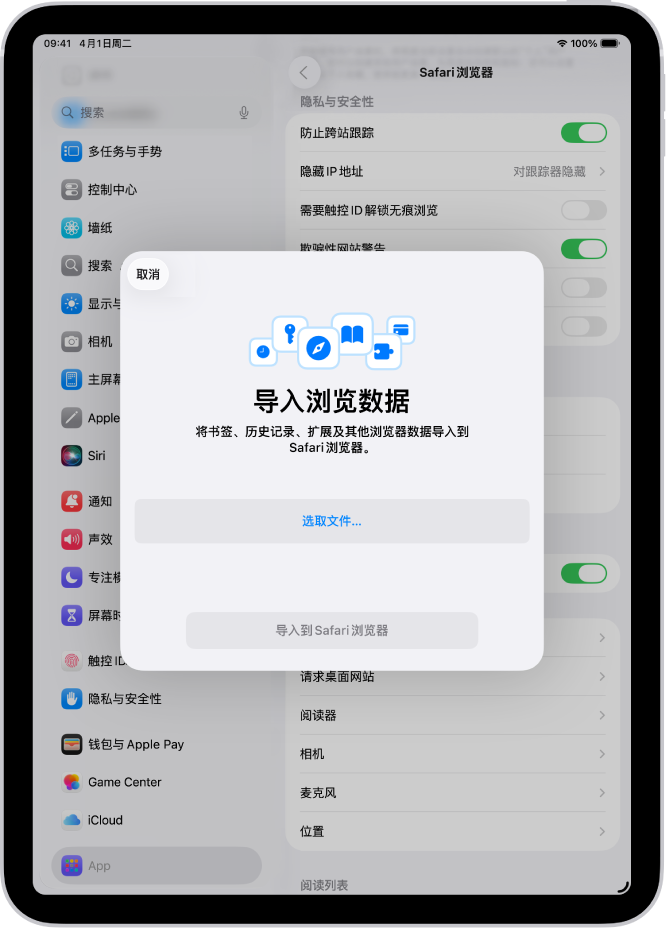 “导入浏览数据”屏幕，显示要导入到 Safari 浏览器的其他浏览器数据。