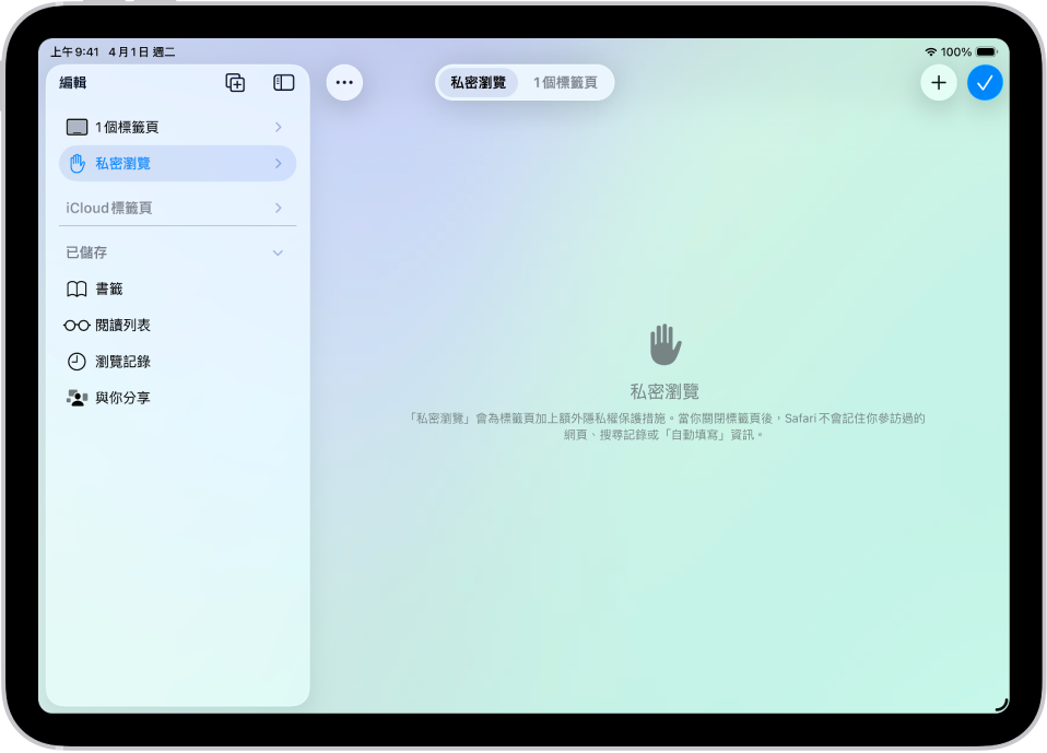 Safari 視窗左側的 Safari 側邊欄打開，已選取「私密瀏覽」。右側說明 Safari 不會記錄你的瀏覽活動。
