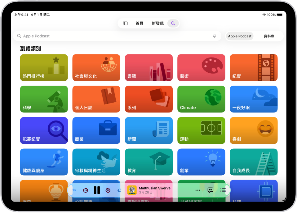 Podcast App 中的搜尋畫面，顯示 Podcast 類別。螢幕底部為「倒轉」、「暫停」、「快轉」和「睡眠計時器」按鈕、單集插圖、單集標題和「更多」按鈕及「檢視逐字稿」按鈕。
