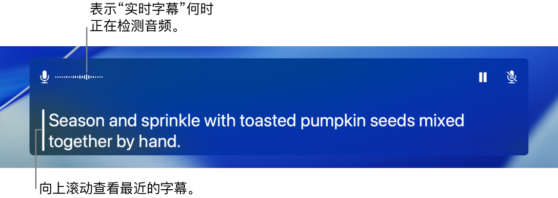 电脑麦克风音频的实时听写文本在实时字幕窗口中显示为可滚动的文本。