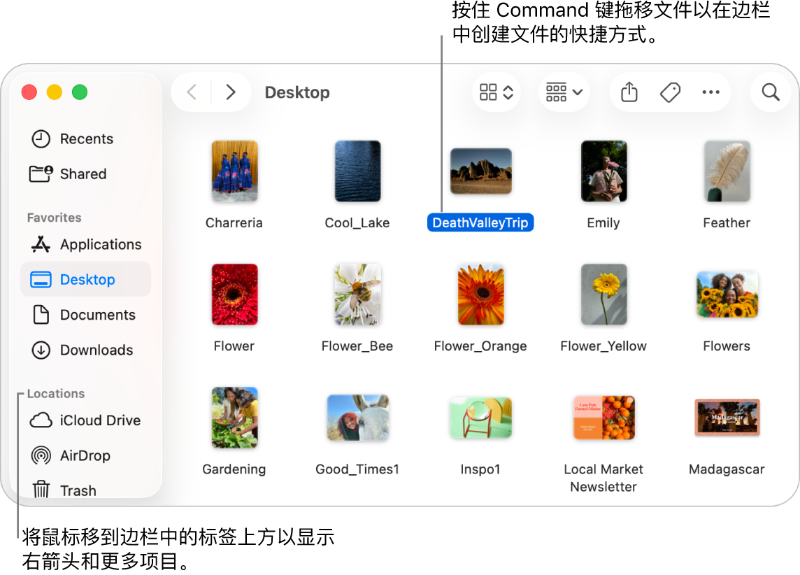 “访达”边栏中“位置”的右侧是一个箭头,可供点按以显示更多项目。在右侧的“访达”窗口中,文件被选中,文件的快捷方式(位于“个人收藏”下方)显示在边栏中。