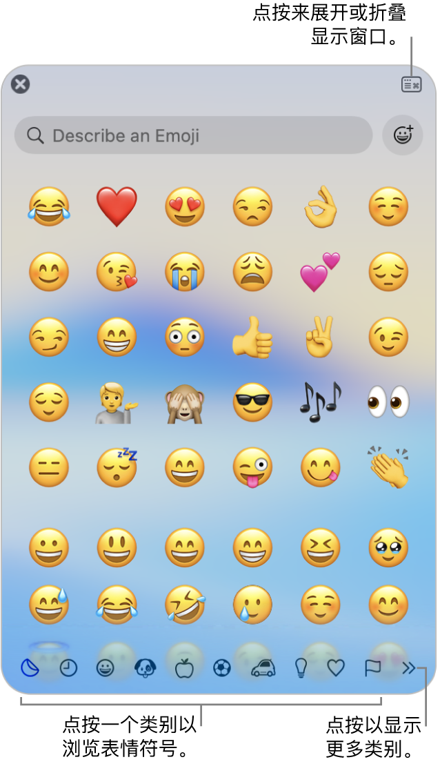 “字符检视器”窗口。点按底部的一个类别以浏览字符或符号。在搜索栏中，输入符号名称或代码以查找特定字符。在右上角中，点按以展开或折叠检视器。