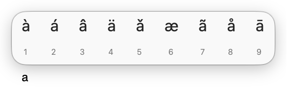 字母 a 的重音符菜单，显示该字母的多个变体。