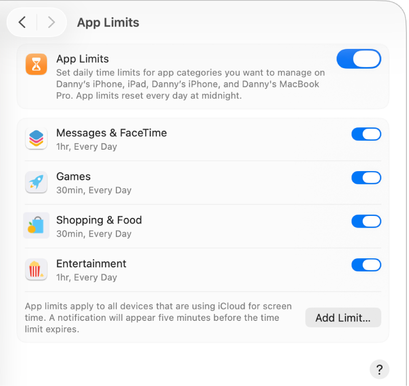 “屏幕时间”的“App 限额”设置中打开了“App 限额”。为四种 App 类别设置了时间限额。