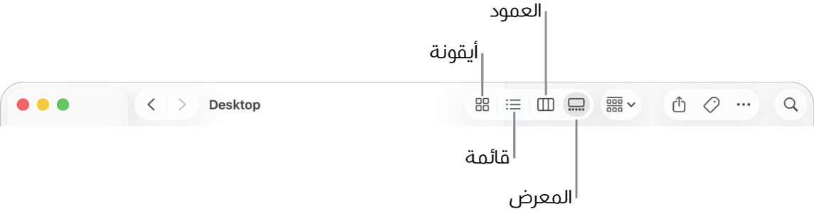 الجزء العلوي من نافذة فايندر يعرض أزرار الخيار عرض لمجلد.