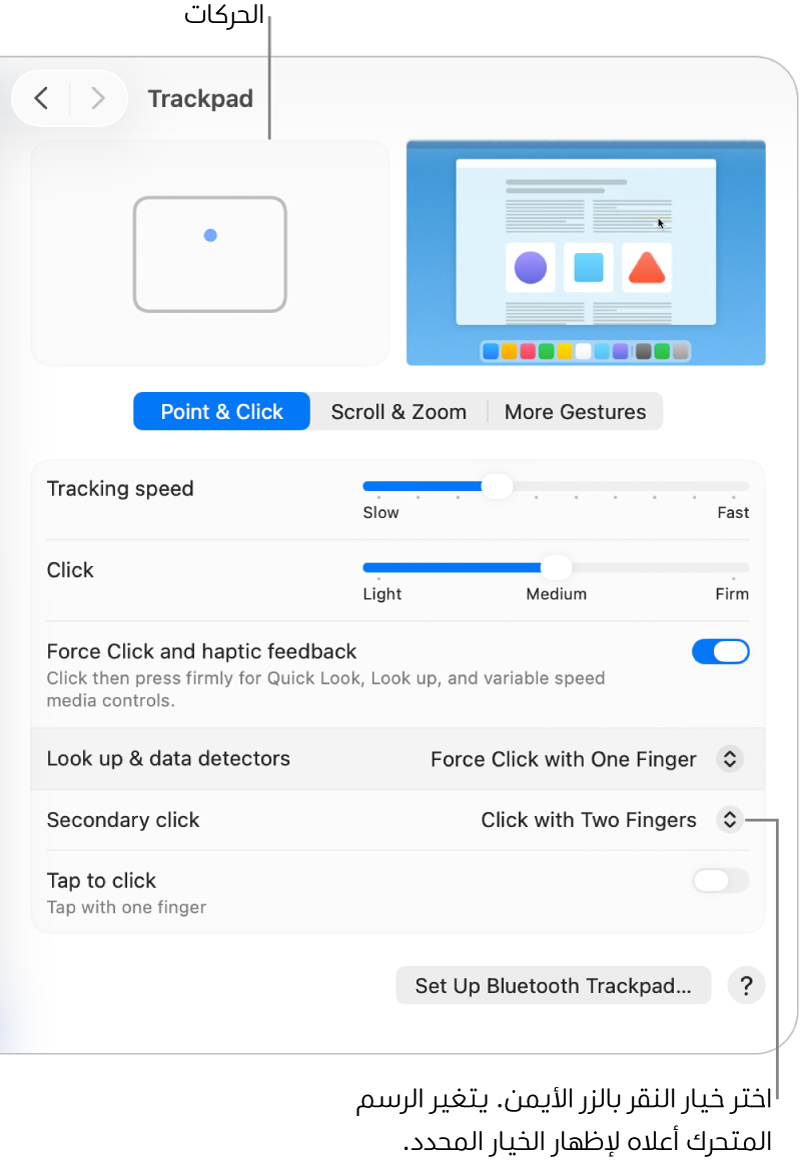 خيارات لوحة التعقب في إعدادات النظام، ويظهر بها خيار النقر الثانوي المعيَّن على "إصبعان" والحركة المقابلة.