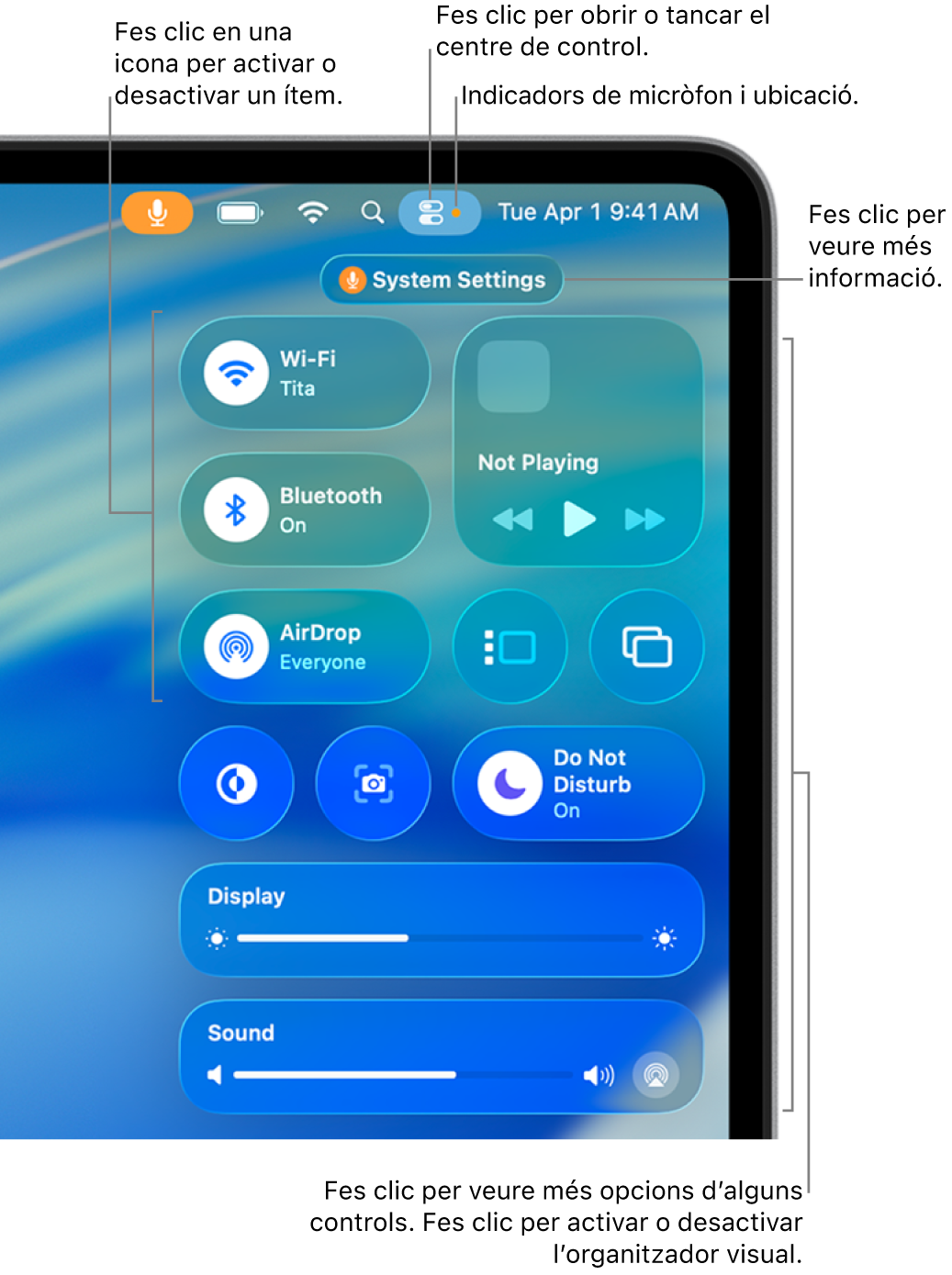 El centre de control a l’angle superior dret de la pantalla que mostra els controls de Wi-Fi, “Modes de concentració”, So i “Ara sona”, entre d’altres.