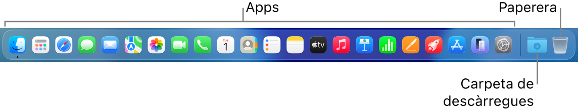El Dock amb icones d’apps, la carpeta Descàrregues i la paperera.