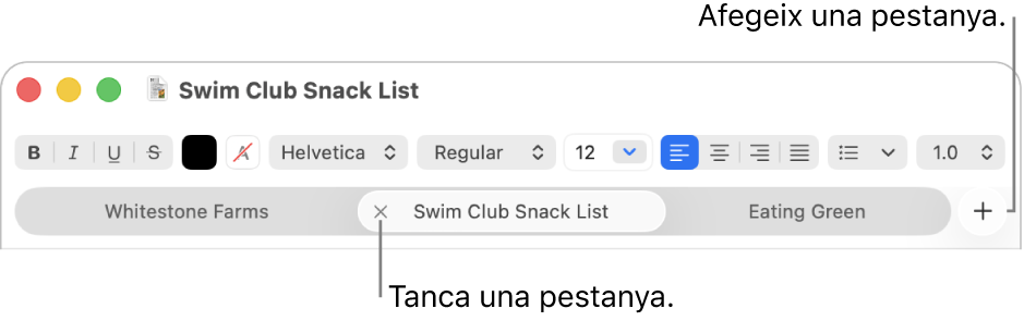 Una finestra del TextEdit amb tres pestanyes a la barra de pestanyes, situada a sota de la barra de format. Una de les pestanyes té un botó de tancar. El botó d’afegir es troba a l’extrem dret de la barra de pestanyes.