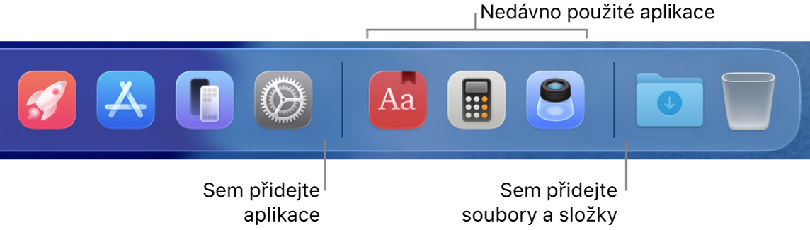 Část Docku zobrazující dělicí čáry mezi aplikacemi, nedávno použitými aplikacemi a složkami a soubory.