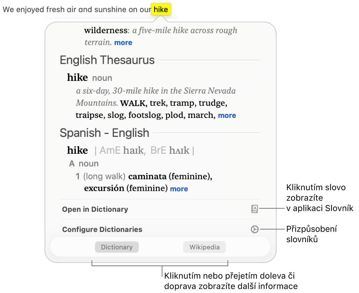 Okno Vyhledat, v němž je vidět slovo a jeho definice ve slovníku a tezauru