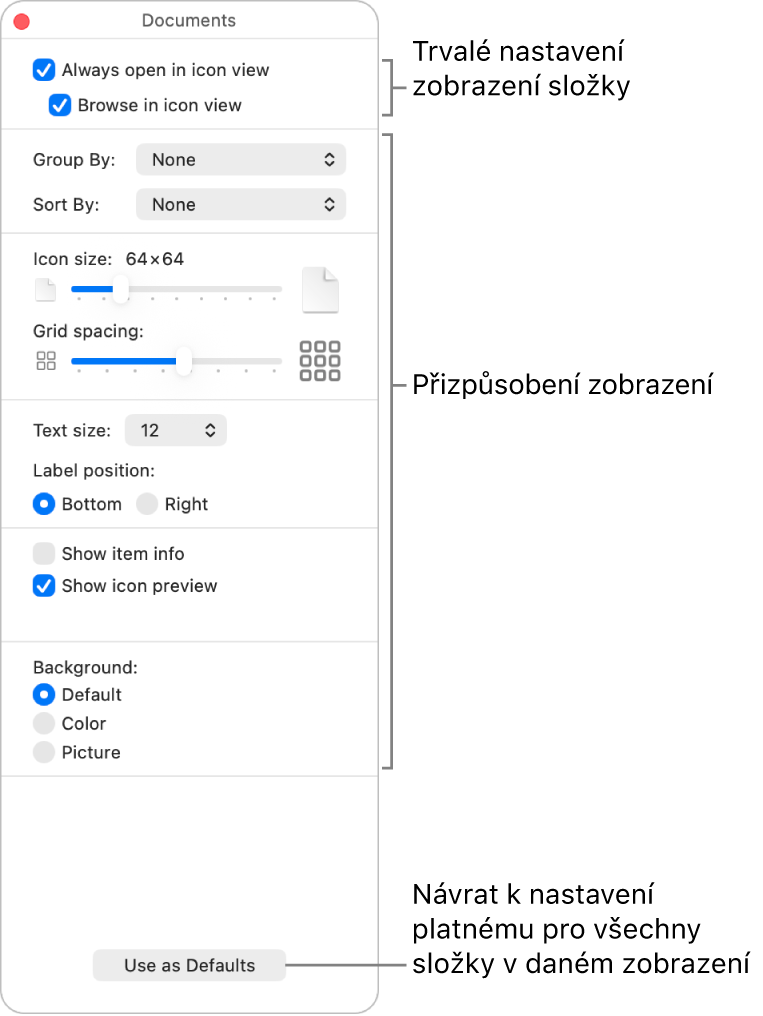 Volby ikonového zobrazení pro složku