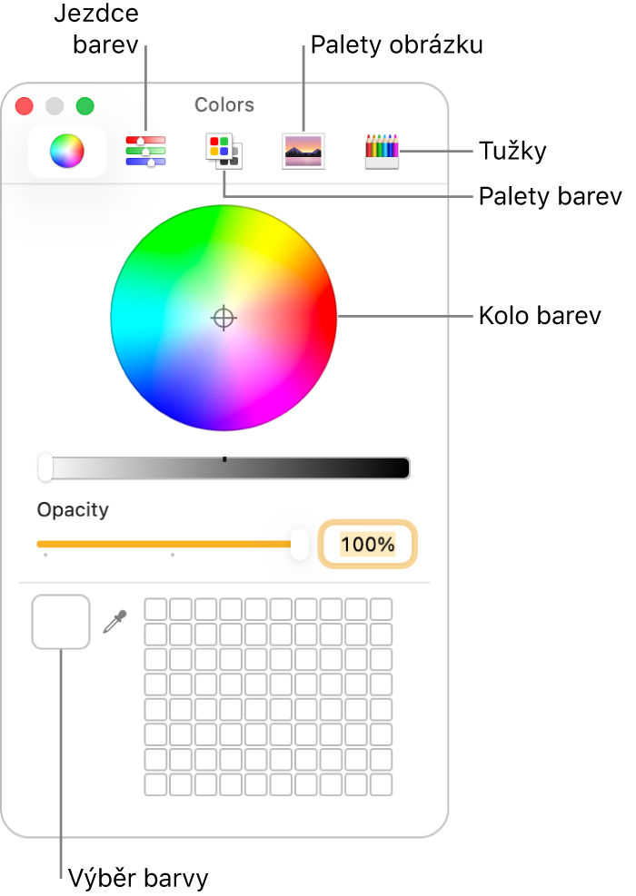 Okno Barvy. Nahoře v okně se nachází nástrojový panel s tlačítky pro posuvníky barev, palety barev, palety obrázku a tužky. Ve středu okna je kolo barev. Vlevo dole se nachází pole pro výběr barev