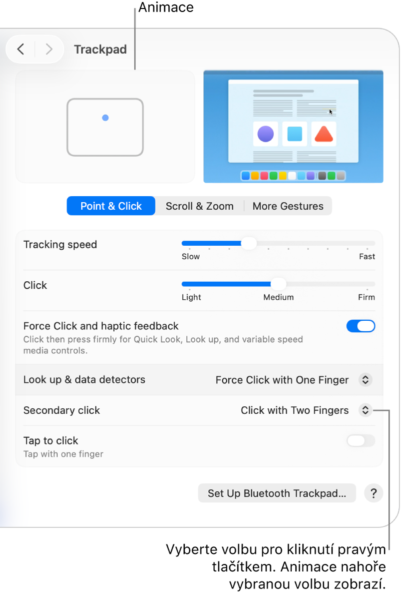 Volby trackpadu v Nastavení systému s volbou pro sekundární kliknutí nastavenou na kliknutí dvěma prsty a příslušná animace