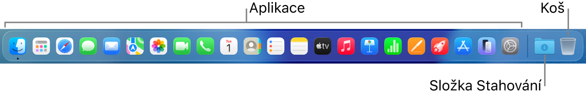 Dock obsahující ikony pro aplikace, složku Stahování a koš.