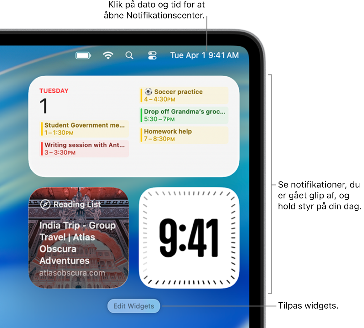 Notifikationer og widgets i Notifikationscenter.