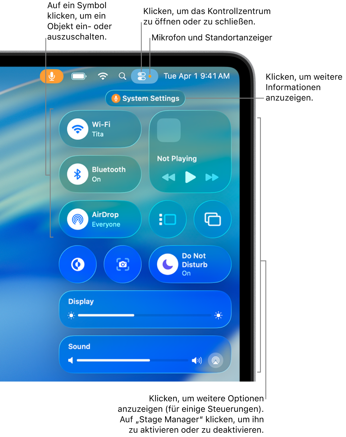 Das Kontrollzentrum befindet sich oben rechts auf dem Bildschirm und zeigt u. a. Steuerelemente für WLAN, Fokus, Nicht stören, Ton und Jetzt läuft.