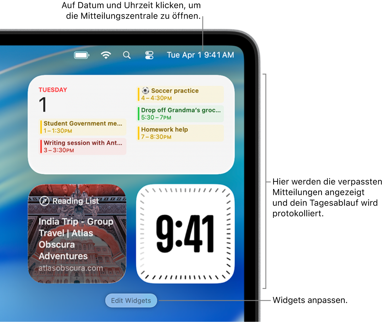 Mitteilungen und Widgets in der Mitteilungszentrale.