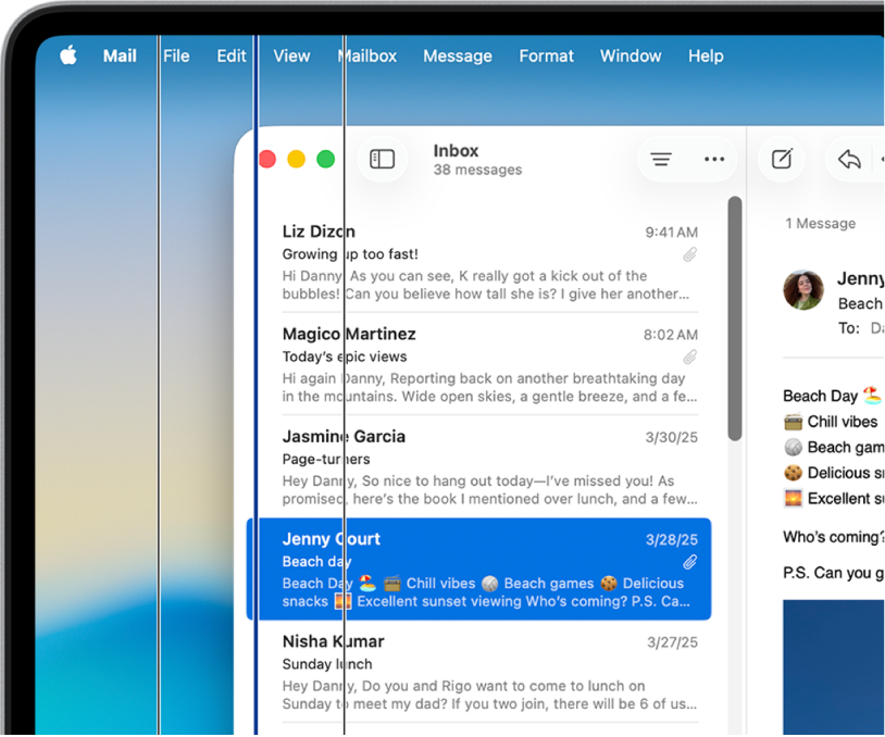 Auf dem Schreibtisch ist die App „Mail“ geöffnet. Auf dem Bildschirm werden vertikale Linien eingeblendet.
