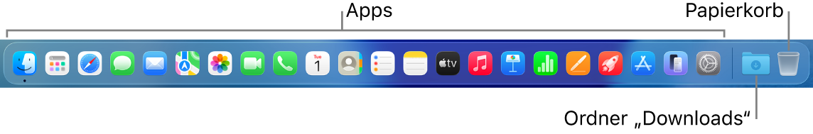 Das Dock mit Symbolen für Apps, dem Ordner „Downloads“ und dem Papierkorb