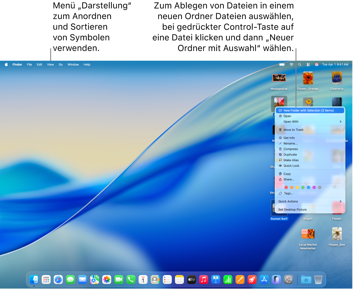Ein Schreibtisch mit Dateien und Ordnern. Mehrere Dateien sind ausgewählt, damit sie in einen neuen Ordner bewegt werden können. Es erscheint ein Einblendmenü für eine ausgewählte Datei und die Option „Neuer Ordner mit Auswahl“ ist ausgewählt.