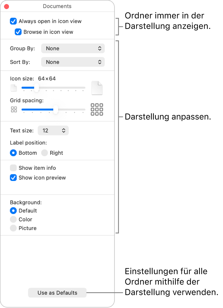 Ordneroptionen für die Symboldarstellung.